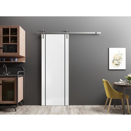 Sartodoors Sturdy Barn Door with Hardware, Planum 0017 White Silk and Aluminum Strips, 6.6FT Rail Hangers Heav PLANUM0017BD-S-WS-1884