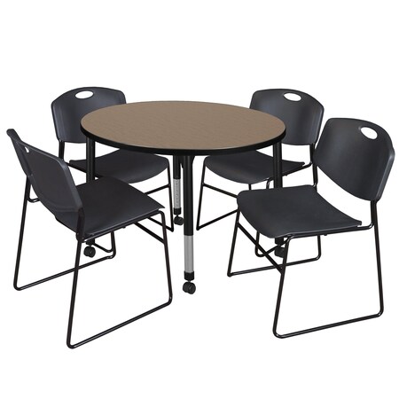 Regency Round Kee Mobile Adjustable Classroom Table W/ 4 Zeng Stack Chairs, 42 in W, 42 in L, Noble Oak TB42RNDNOAPCBK44BK