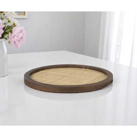 Homeroots 16" Brown And Natural Solid Wood And Wicker Handmade Round Serving Tray 609092
