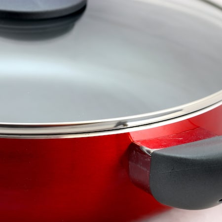 Oster Herscher 3.5 Quart Aluminum Saute Pan with Tempered Glass Lid in Red 92325.02
