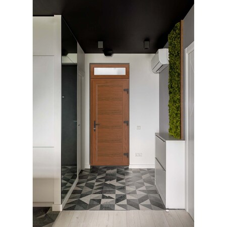 Vdomdoors Front Exterior Prehung Metal-Plastic Door, Manux 8111 Walnut, Top Sidelite Transom, Office Commerci MANUX8111EXD-WLN-W36xH80+14-LH