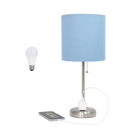 Homeroots 20" Silver Metal Table Lamp LED With Blue Drum Shade 642898