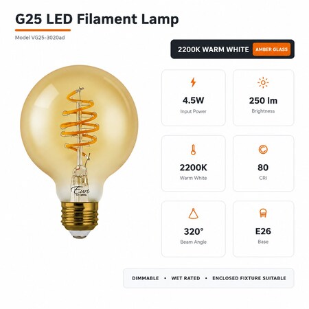 Euri Lighting G25 LED Filament Bulb, 4.5W, 250 lm, 2200K, E26, Amber Glass, Dimmable, UL VG25-3020ad