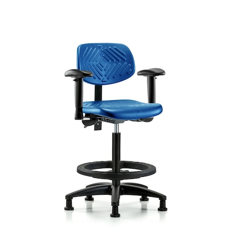 Blue Ridge Ergonomics Poly Chair, High Bench, Tilt, Arms, Foot Ring, Glides, Blue BR-PHBCH-RG-T1-A1-BF-RG-BLU