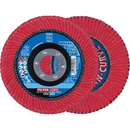 Pferd Flap Disc, 4-1/2 inx 7/8, CO SGP CURVE STEELOX, 60 Grit, Large Radius, Ceramic, 2PK 67698046