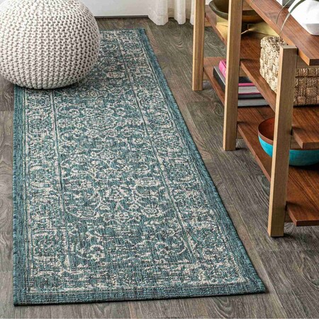 Jonathan Y Tela Bohemian Textured Weave Floral Teal/Gray 2 ft. x 8 ft. Indoor/Outdoor Runner Rug SMB100C-28