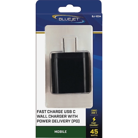Blue Jet AC Outlet Black Fast Charge 45W Wall USB-C Charger with Power Delivery, PD & QC BJ-1034