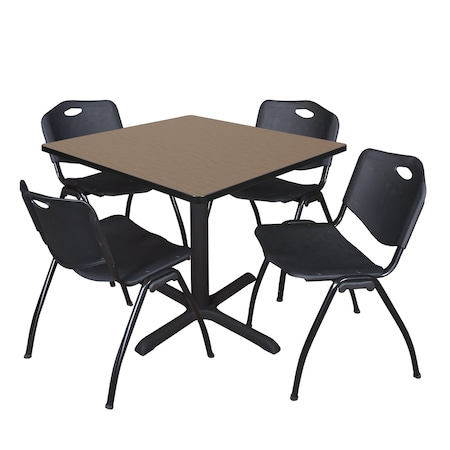 Regency Square Cain Breakroom Table W/ 4 M Stack Chairs, 36 in W, 36 in L, Noble Oak TB3636NO47BK