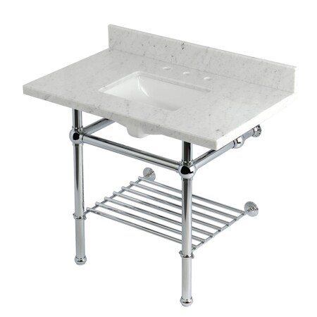 Kingston Brass 36-Inch Carrara Marble Console Sink with Brass Legs and Shelf, 8-Inch, 3-Hole KVPB3630MBSQB1