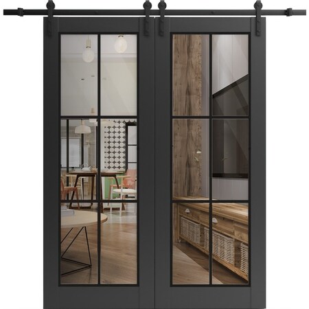 Sartodoors Sturdy Double Barn Door with Clear Glass, Lucia 2366 Matte Black and Aluminum Strips, 13FT Rail Ha LUCIA2366DB-BLK-60 x 84 (2* 30x84)