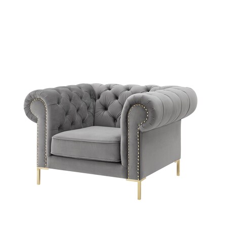 Homeroots 39" Gray And Gold Velvet Tufted Chesterfield Chair 533854