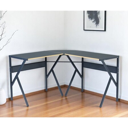 Homeroots 49" Black Wood and Metal Corner H-Shape Computer Desk 568031