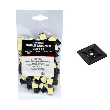 Cable Ties Unlimited Adhesive Cable Tie Mounts, 1/2 in Sq, Nylon 6/6, UV Resistant, Black, 100PK CM50-0C