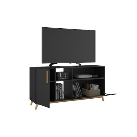 Homeroots Modern Black And Natural Asymmetrical TV Stand 389031