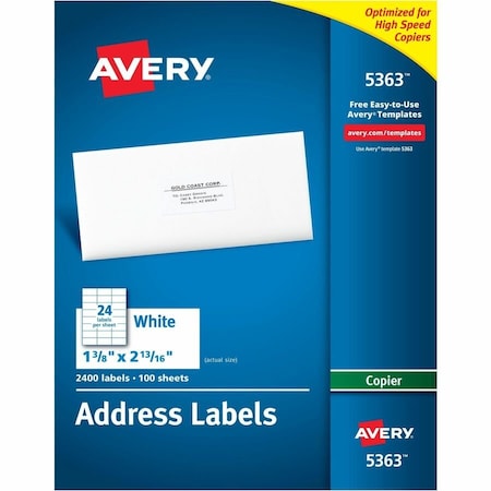 Avery Self-Adhesive Address Labels for Copiers, 1-3/8 x 2-13/16, White, 2400/Box 5363