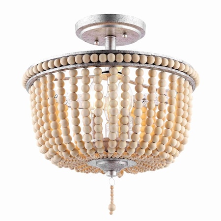 Jonathan Y Allie 14" 3-Light Bohemian Farmhouse Wood Bead/Iron LED Semi Flush Mount, Antique Silver/Light Taupe JYL9020B