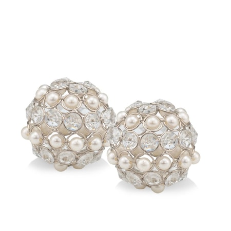 Homeroots Set of Two Silver and Clear Faux Crystal and Pearl Decorative Orbs, 2PK 480013