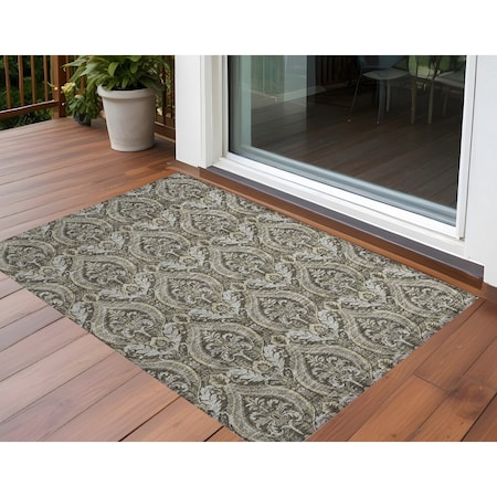 Homeroots 3' X 5' Taupe and Beige Damask Washable Non Skid Indoor Outdoor Area Rug  563892