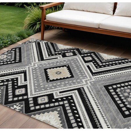 Homeroots 10' X 14' Black Gray And Ivory Tribal Washable Indoor Outdoor Area Rug 598099
