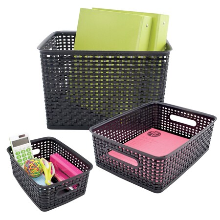 Advantus Plastic Weave Storage Bins, Assorted Sizes, Black, 3PK 40329