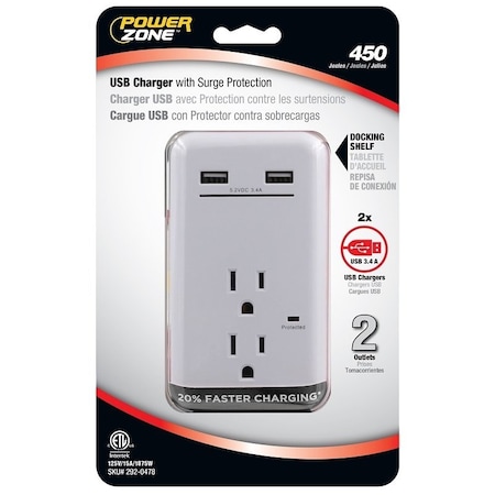 Powerzone Outlet Strip, Surge, USB, 2 Outlet(s) White ORUSB342S