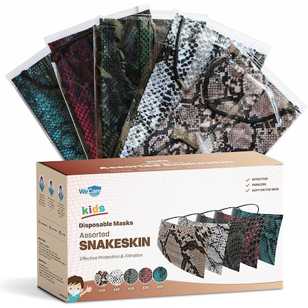 Wecare Kids Disposable Face Mask, 3, Snake Skin Print, Kids, 50 PK WMN100105