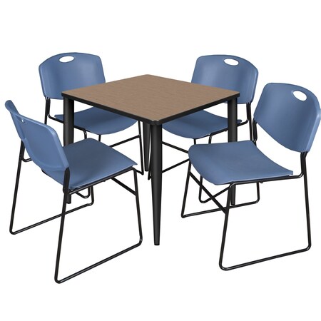 Regency Square Kahlo Breakroom Table W/ 4 Zeng Stack Chairs, 30 in W, 30 in L, Noble Oak TPL3030NOBK44BE