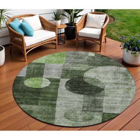 Homeroots 8' Fern Green And Gray Round Geometric Washable Indoor Outdoor Area Rug 604320