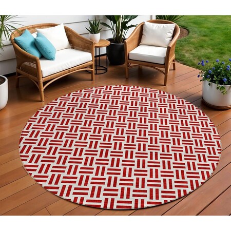 Homeroots 8' Red And Ivory Round Geometric Washable Indoor Outdoor Area Rug 614775