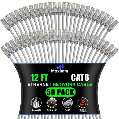 Maximm Cat6 Ethernet Cable 12ft 10Gbps 550MHz UTP, 50PK, Gray, 50PK CAT6CCA-12GR-50PK