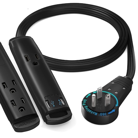 Maximm 3ft 3-Outlet 360 degrees Flat Plug Extension Cord w/ USB Ports, UL, Black ADW-360-C203-B