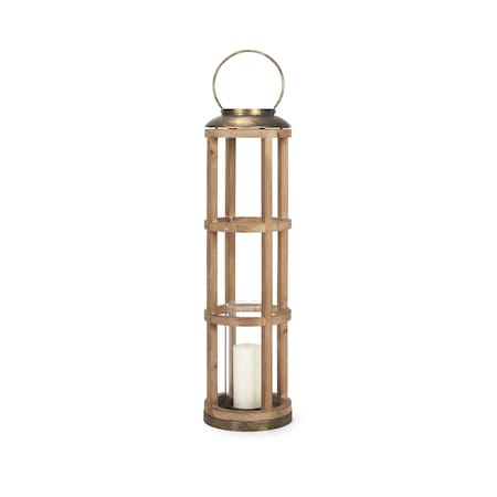 Homeroots 35" Natural And Brass Distressed Geometric Solid Wood And Metal Tabletop Lantern Candle Holder 609332