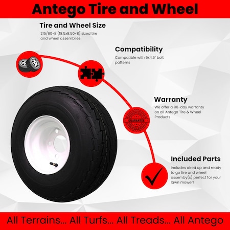 Antego 5-Hole 8in x 7in White Trailer Wheel & Tire 215/60-8 18.5x8.50-8 6ply - Load Range C 4, 4PK A87000401158061858508