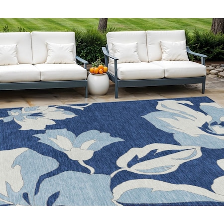 Homeroots 9' X 12' Navy Blue Denim Blue And Ivory Floral Washable Indoor Outdoor Area Rug 589558