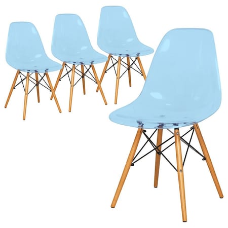 Leisuremod Dover Plastic Dining Side Chair with Wooden Legs, Transparent Blue, 4PK EP19TBU4