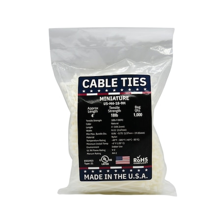 Cable Ties Unlimited Cable Tie, 4 in L, 18 lb Strength, 0.8 in Max Bundle Dia, Nylon 6/6, Natural 1000PK US-M4-18-9M