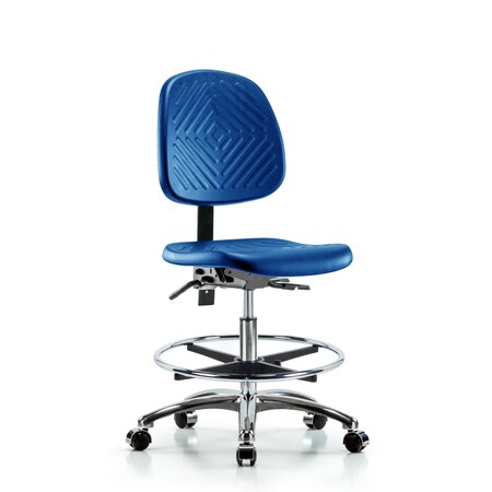 Blue Ridge Ergonomics Poly Chair Chrome, Med Bench, Med Back, Tilt, Foot Ring, Casters, Blue BR-PMBCH-MB-CR-T1-A0-CF-CC-BLU