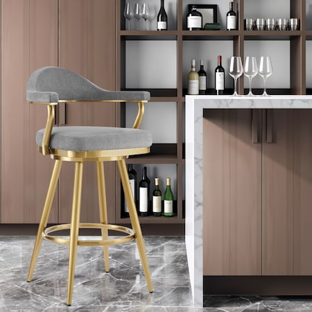 Homeroots 30" Gray and Gold Fabric and Stainless Steel Low Back Bar Height Swivel Bar Chair 569155