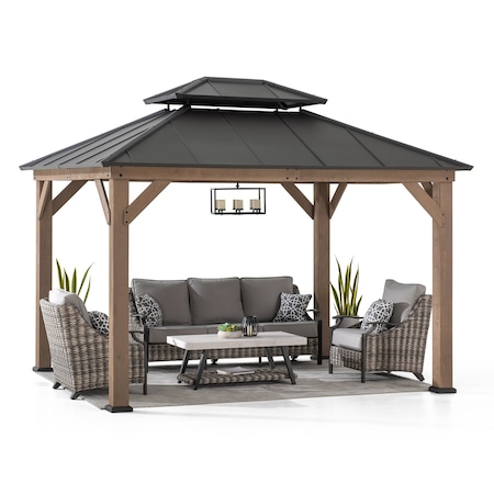 Sunjoy 10x12 ft. Wood Gazebo, Outdoor Patio Steel Hardtop Gazebo, Brown A102032600