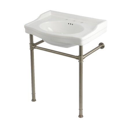 Kingston Brass 30" Ceramic Console Sink with Stainless Steel Legs, 8-Inch, 3-Hole, White/Brushed Nickel KVPB30229W388