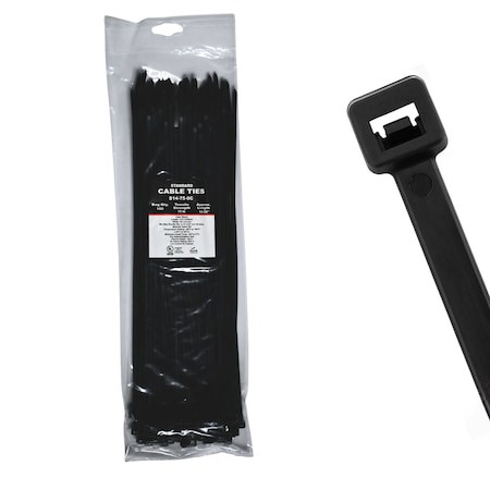 Cable Ties Unlimited Cable Tie, 14 in L, 75 lb Strength, 4 in Max Bundle Dia, Nylon 6/6, UV Resistant, Black, 100PK S14-75-0C