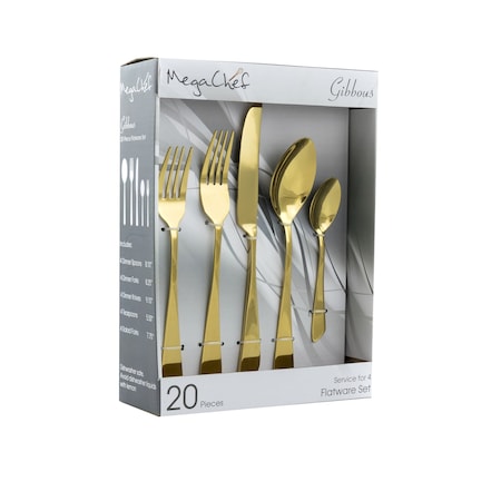 Megachef Gibbous 20 Piece Flatware Utensil Set, Stainless Steel Service for 4 in in Gold MCFW-GIBBOUS-GOLD
