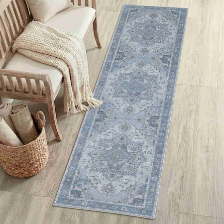 Jonathan Y Sersi Ornate Large Medallion Border Non-Slip Machine-Washable Blue Gray/Cream 2ft x 8ft Runner Rug WSH505F-28