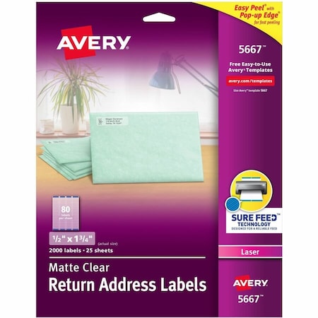 Avery Easy Peel Laser Mailing Labels, 1/2 x 1-3/4, Clear, 2000/Box 5667