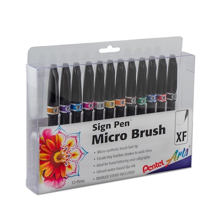 Pentel Sign Pen Micro Brush Tip, Assorted Ink Colors, 12-Pack in Plastic Box SESF30CPC12