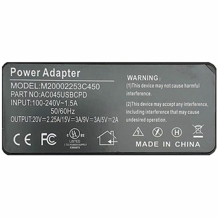 Ereplacements Premium Power Products AC Adapter - 45 W - 5 V DC, 9 V DC, 15 V DC, 20 V DC Output - 2.25 A - Black AC045USBCPD-ER