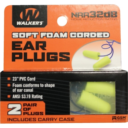 Walkers Soft Foam Corded Neon Yellow Ear Plugs, 2-Pair GWP-EPCORD-YL