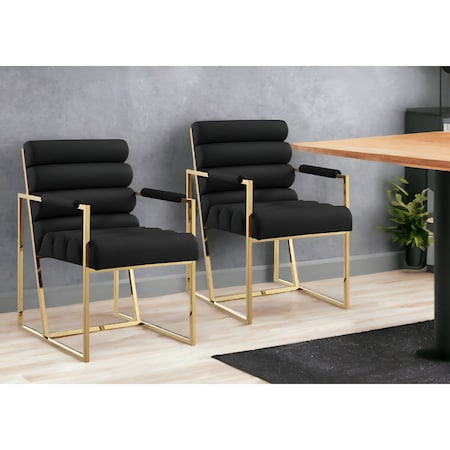 Homeroots Set of Two Tufted Black And Gold Upholstered Faux Leather Dining Arm Chairs 545058