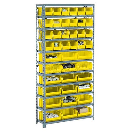 Global Industrial Steel Open Shelving - 36 Yellow Plastic Stacking Bins 10 Shelves - 36x18x73 603254YL