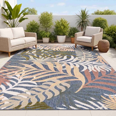 Jonathan Y Tropics Palm Leaves Dark Blue/Multi 3 ft. x 5 ft. Indoor/Outdoor Area Rug AMC100E-3